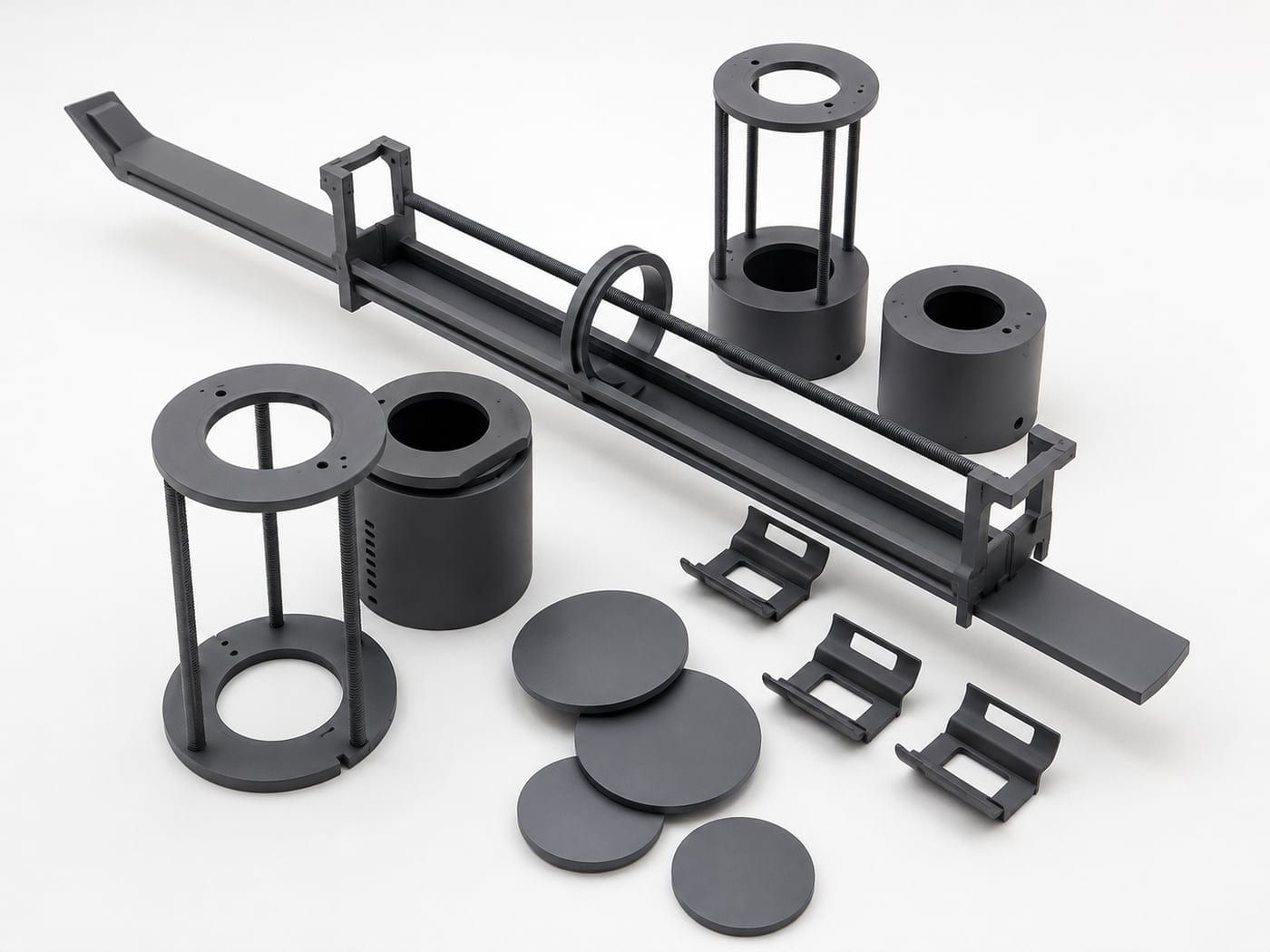 ROICERAM™-HS silicon carbide product spread: horizontal boat, vertical pedestal carriers, discs, and brackets