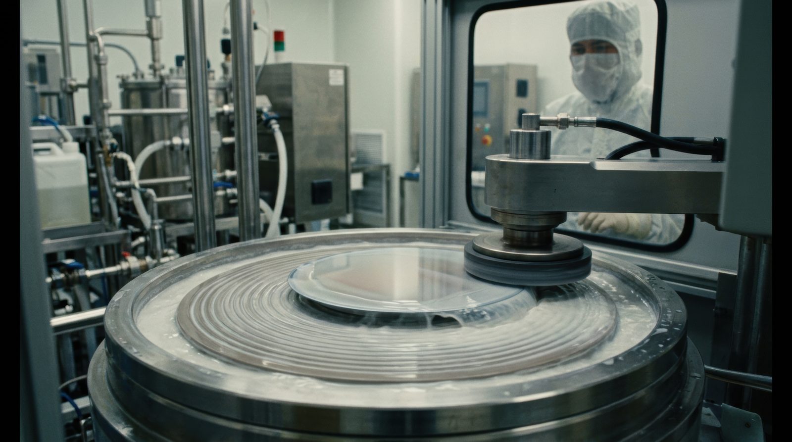 A silicon wafer undergoing chemical-mechanical planarization on a rotating, slurry-flooded platen under a polishing head, monitored by a cleanroom operator