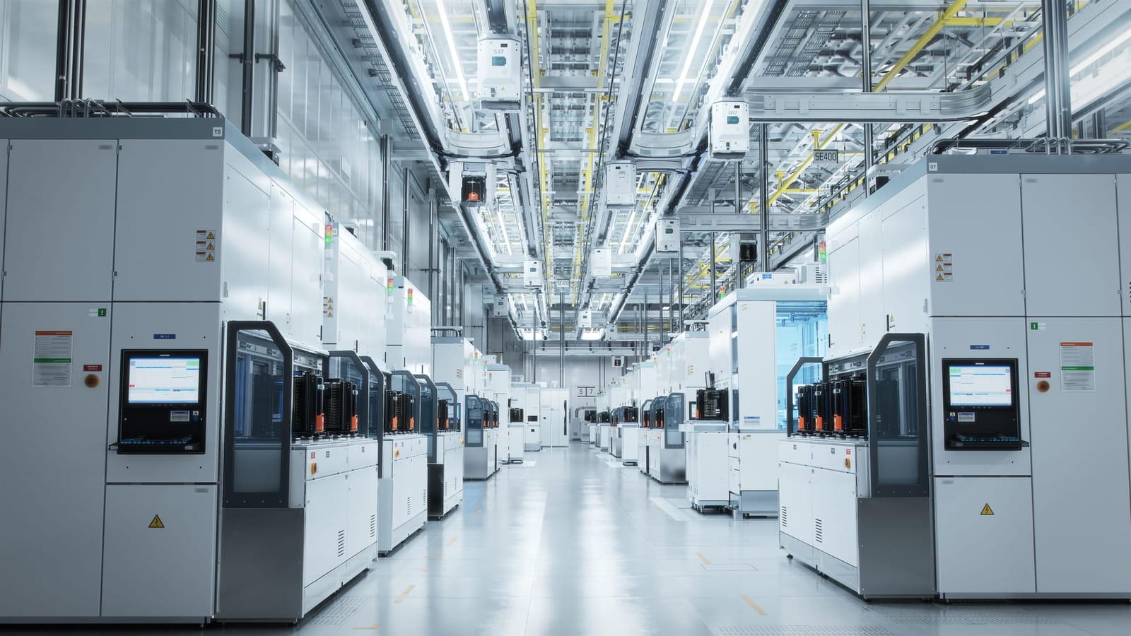 Advanced semiconductor fabrication facility production floor with automated wafer handling systems
