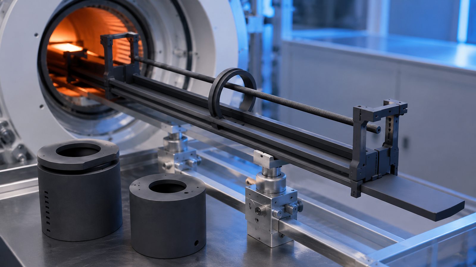 Illustration of silicon carbide ceramic components and a process tube at a horizontal furnace load station in a cleanroom