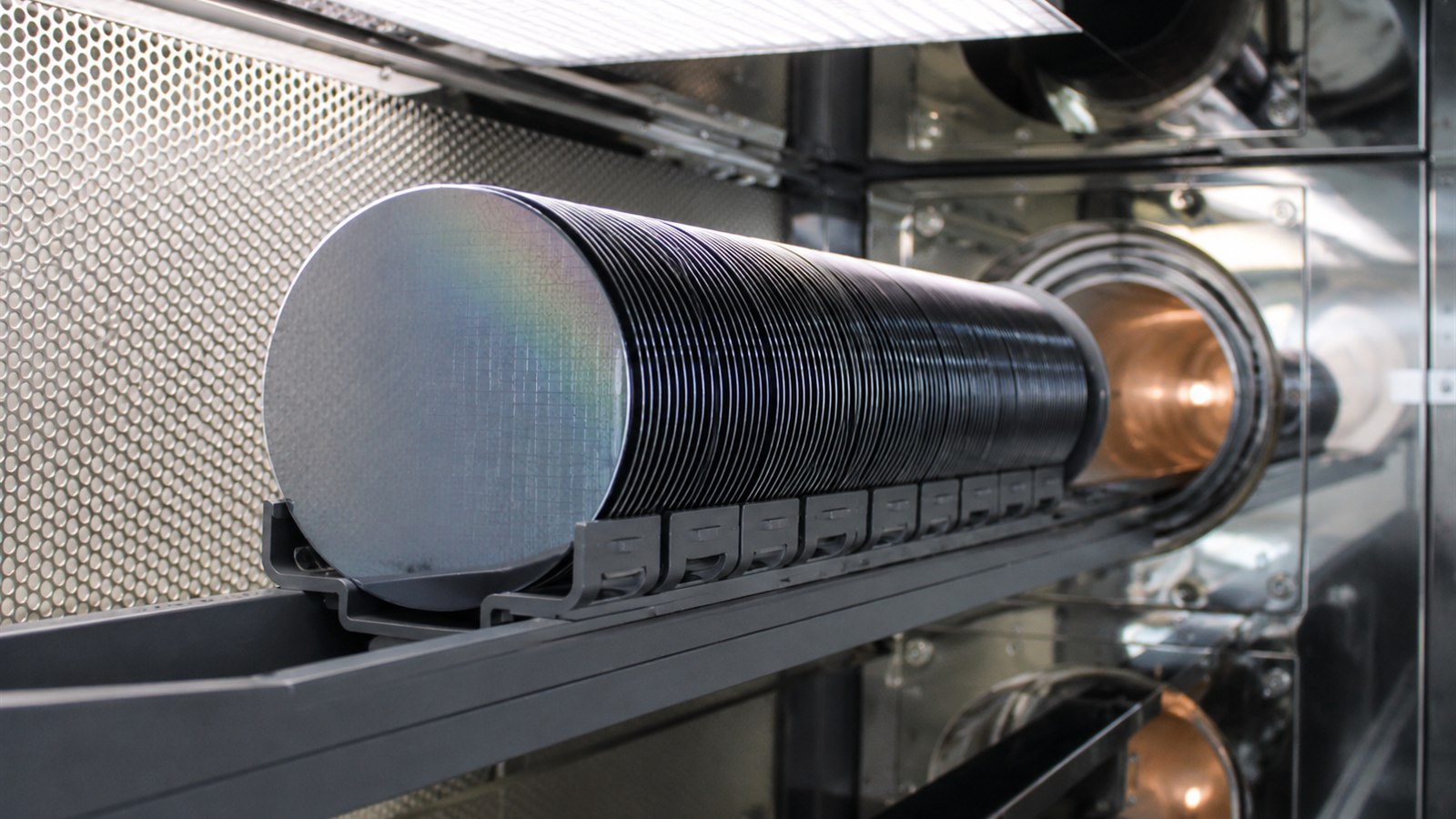 Silicon carbide wafer boat loaded with a full batch of wafers at a semiconductor furnace load station