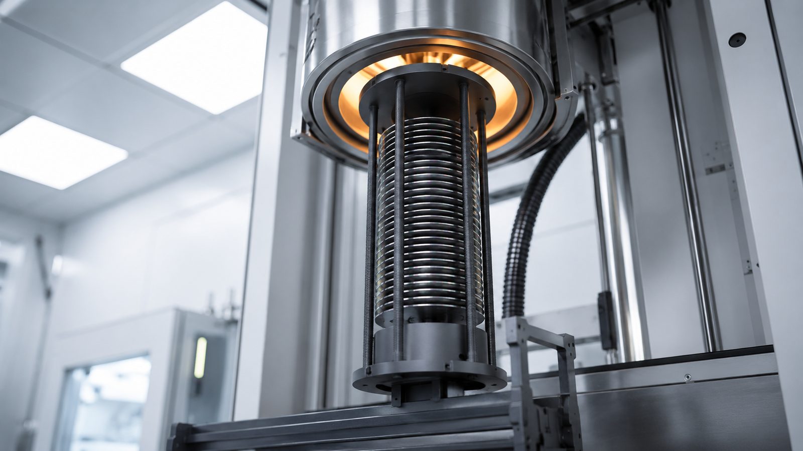 Illustration of a silicon carbide vertical wafer boat tower rising into a glowing batch diffusion furnace