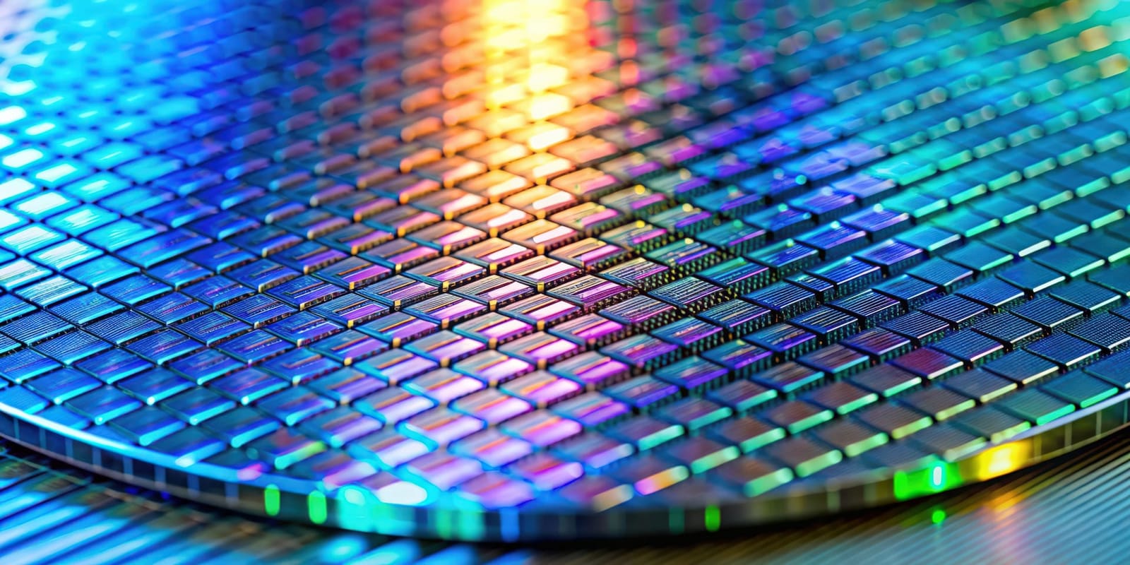 Processed semiconductor wafer with rainbow diffraction across the die grid